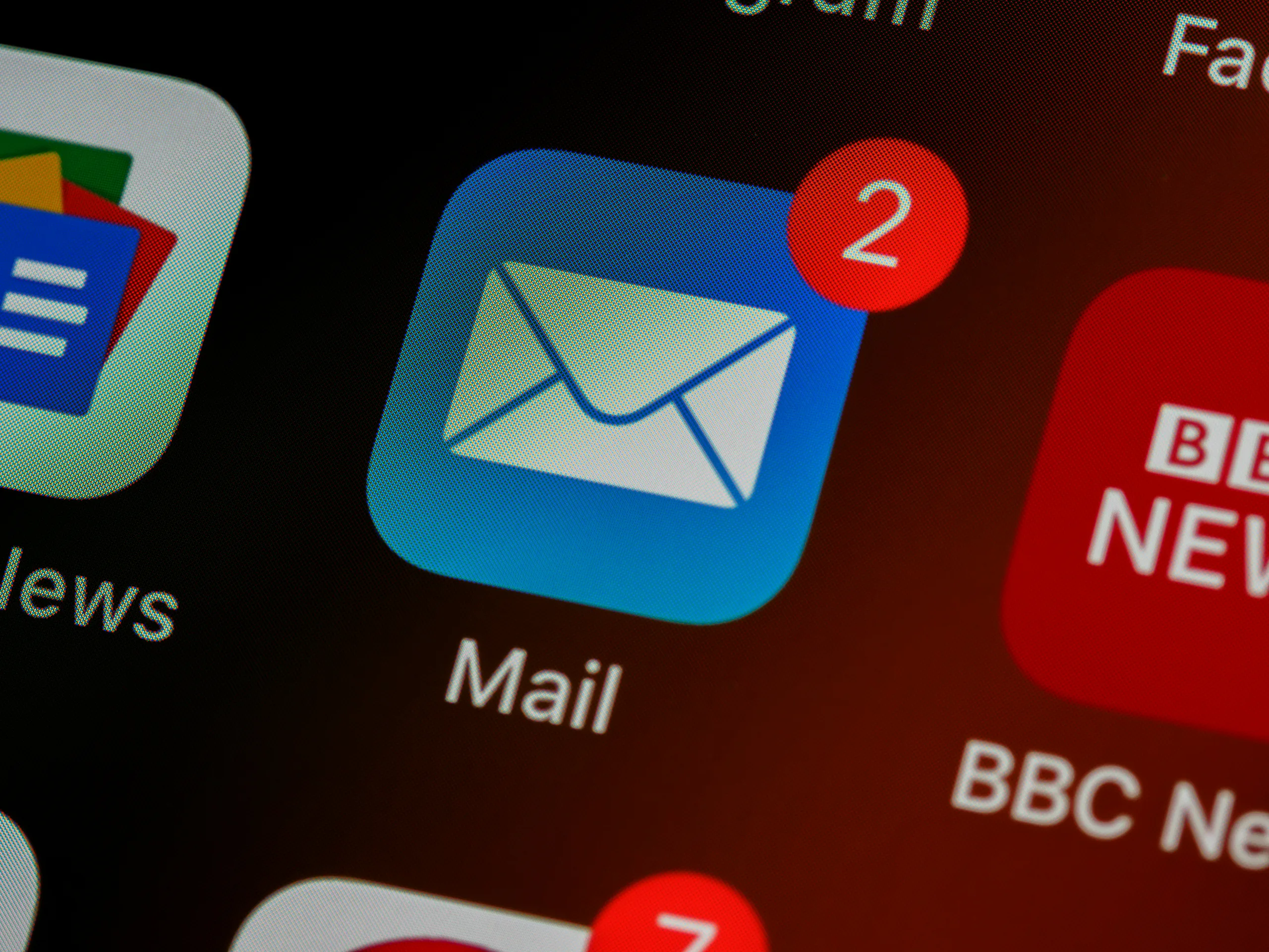 Optimized Alt Text: "Email app icon with blue background, white envelope symbol, and red notification badge for 2 unread messages, alongside BBC News icon and CreatorPoint podcast app icon. Creatorpoint – Creator Knowledge, Simplified. The best resources, podcast summaries, and learning for creators.