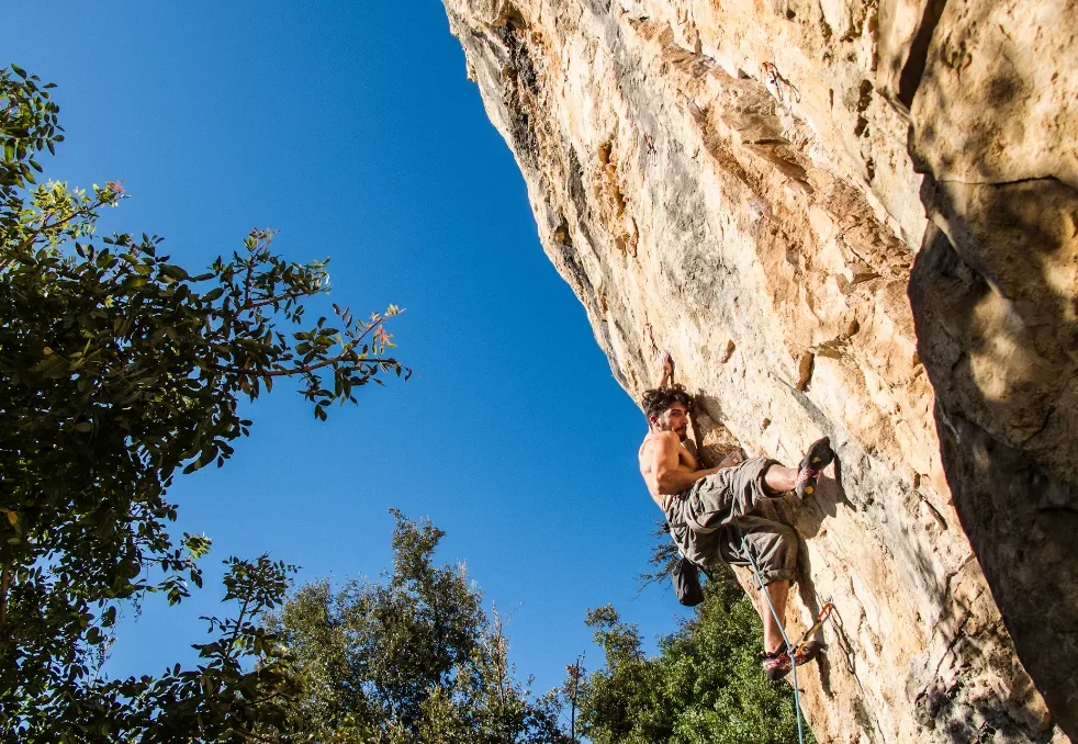 Shirtless climber in beige pants conquers steep rock face in lush forest under blue sky, symbolizing the focus needed to successfully sell Notion templates. Creatorpoint – Creator Knowledge, Simplified. The best resources, podcast summaries, and learning for creators.